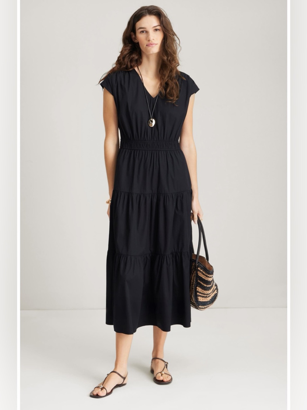 Nordstrom Tiered Poplin Maxi Dress Black Cotton V-Neck Small NWT